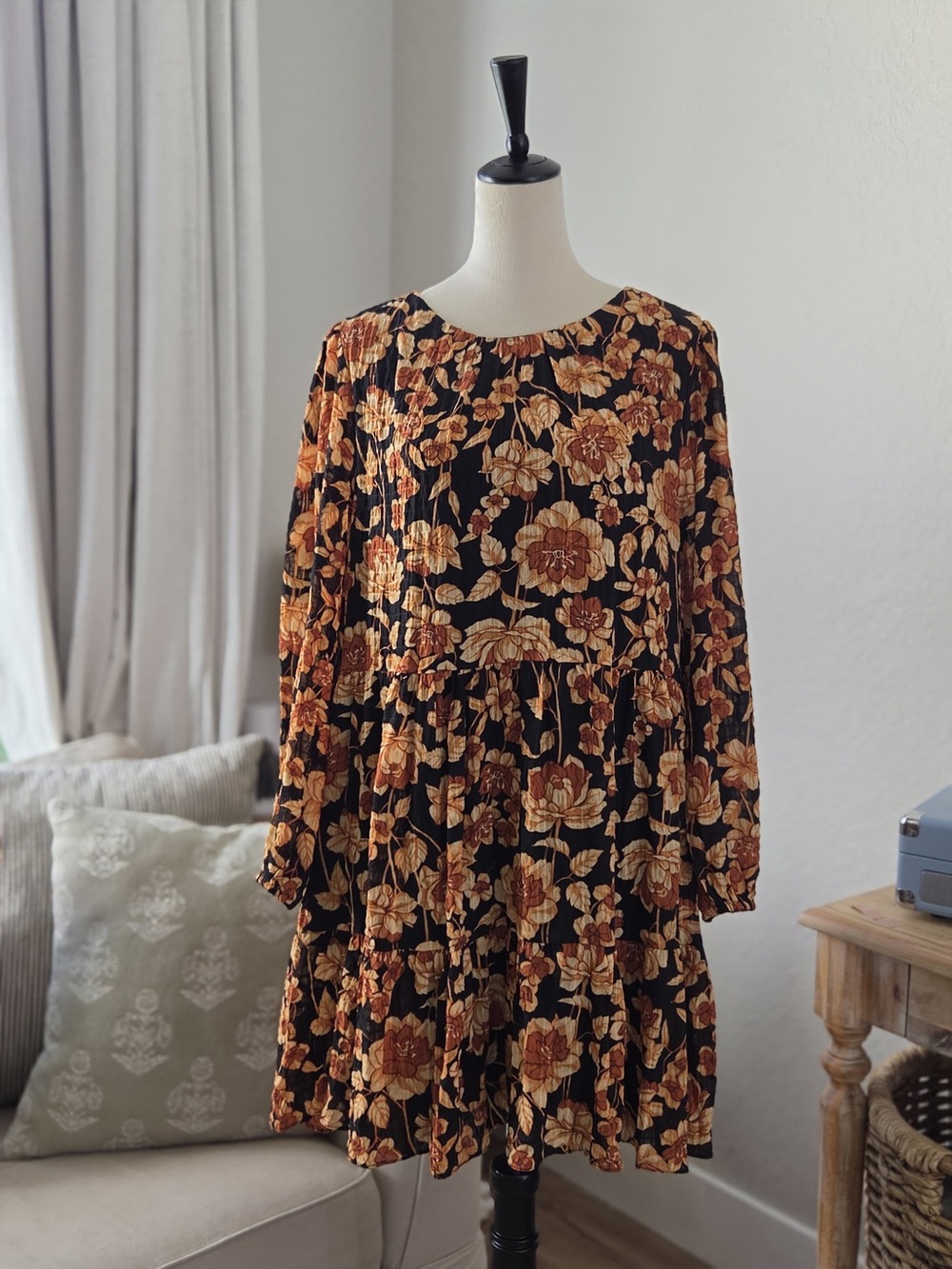 Express Black Floral Tiered Long-Sleeve Dress with Rust and Cream Flowers